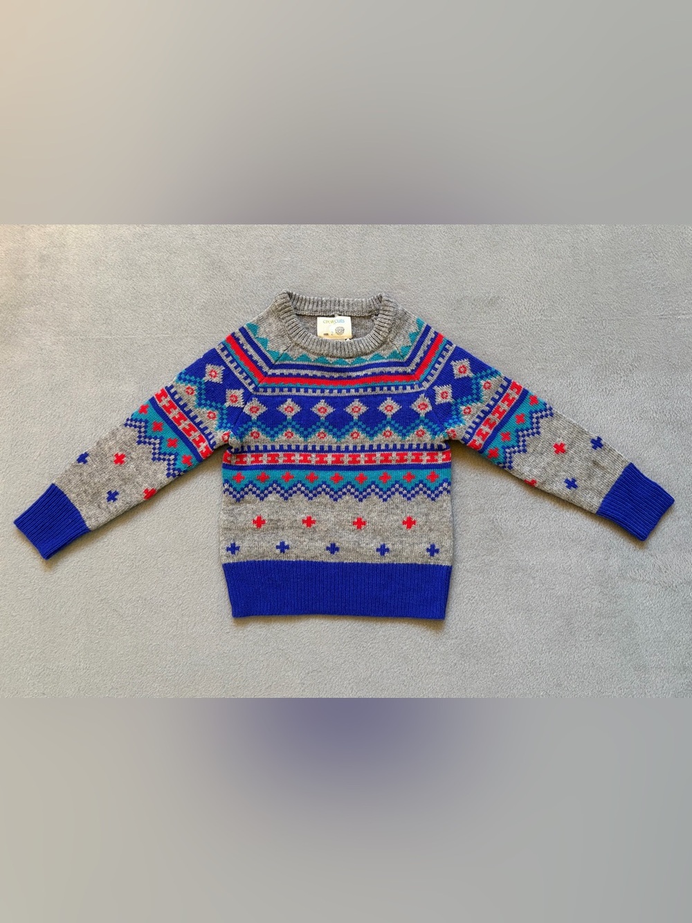 J. Crew Gray Fair Isle Crewneck Sweater with Blue, Red & Teal Accents